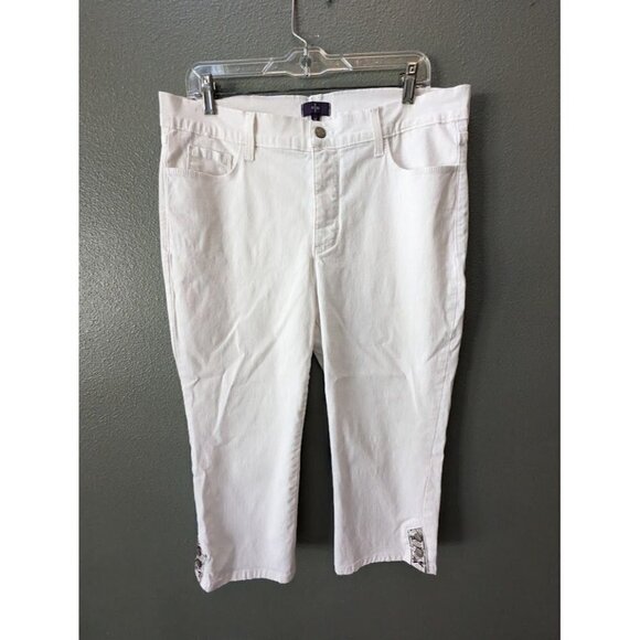 NYDJ Crop White High Rise Denim Jeans Button Embroidered Hem Women's 14 - Picture 1 of 5